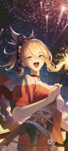 笑いながら線香花火をする宵宮 / 打ち上げ花火 / 原神のAndroid用のスマホ壁紙