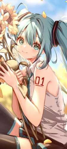 向日葵を抱きこちらを見る初音ミク / ボカロ / ボーカロイド / 01のAndroid用のスマホ壁紙