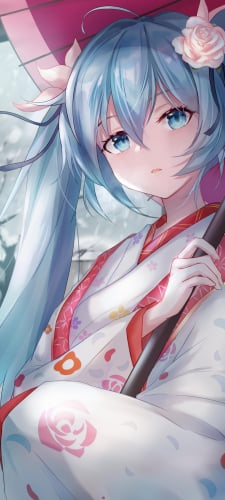 薔薇と梅の花柄の白い着物を着て赤い和傘をさす綺麗な初音ミクのAndroid用のスマホ壁紙