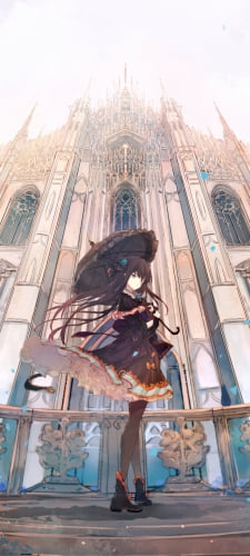 大聖堂の前に立つ黒い日傘をさした対立 / アーケアのAndroid用のスマホ壁紙