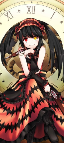 大きな金の時計の前に座り微笑む時崎狂三 / オッドアイ / デート・ア・ライブのAndroid用のスマホ壁紙