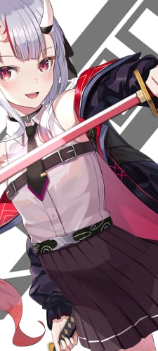 ピンク色に輝く刀を持つ百鬼あやめ / ホロライブ / バーチャルYouTuber / VtuberのAndroid用のスマホ壁紙