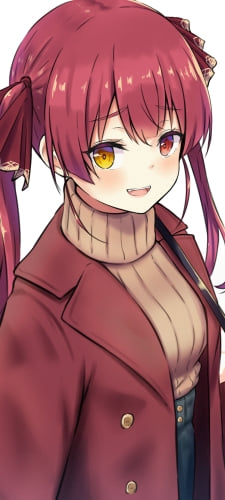 赤いコートを着て笑顔の宝鐘マリン / ホロライブ / バーチャルYouTuber / VtuberのAndroid用のスマホ壁紙