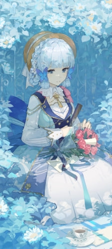 青い花に囲まれた可愛い神里綾華 / 花時に訪れた手紙 / 原神のAndroid用のスマホ壁紙