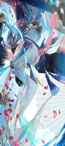 武器をかまえるかっこいいスカラマシュ / 放浪者 / ピンクの花びら / 原神のAndroid用のスマホ壁紙