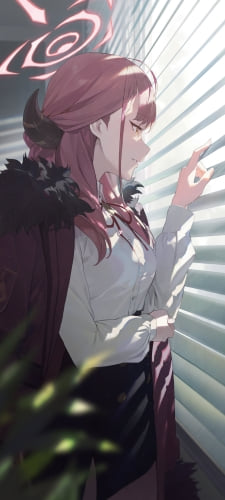 白いブラインドから外を見る陸八魔アル (りくはちまある) / ブルアカ / ブルーアーカイブのAndroid用のスマホ壁紙
