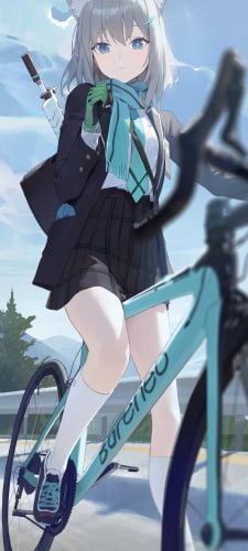 緑のマウンテンバイクに乗り微笑む砂狼シロコ (すなおおかみしろこ) / ブルアカ / ブルーアーカイブのAndroid用のスマホ壁紙