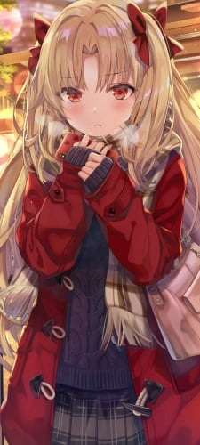 待ち合わせをする赤いコートを着た可愛いエレシュキガル / fate/grand orderのAndroid用のスマホ壁紙