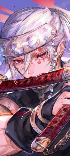刀を咥えるかっこいい宇髄 天元 / 二刀流 / 音柱 / Tengen Uzui / 鬼滅の刃のAndroid用のスマホ壁紙