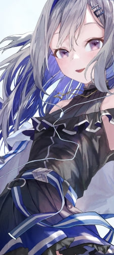 こちらに笑いかけるかわいい天音かなた / 青い衣装 / ホロライブ / バーチャルYouTuber / Vtuber / ファンアート / イラストのAndroid用のスマホ壁紙