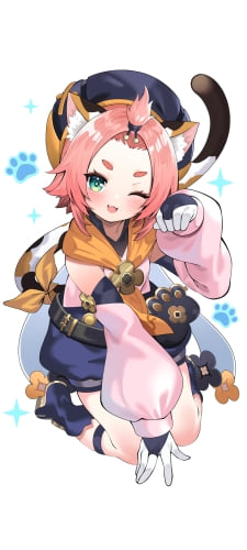 猫のようなポーズをとるかわいいディオナ / 原神 / ファンアート / イラストのAndroid用のスマホ壁紙