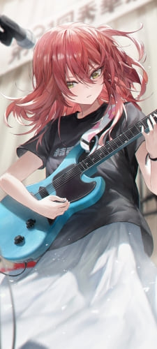 凛々しい表情で青いギターを弾く喜多郁代 / ぼっち・ざ・ろっく! / ファンアート / イラストのAndroid用のスマホ壁紙