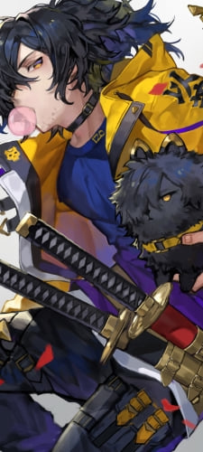 始末犬を抱えながらピンクのガムを膨らますかっこいい岡田以蔵 / fate/grand orderのAndroid用のスマホ壁紙