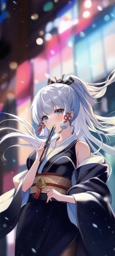 黒い着物を着て扇子を口元にあてる神里綾華 / 原神のAndroid用のスマホ壁紙