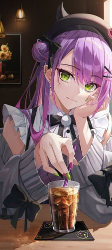 珈琲のストローを持ちながらこちらを澄んだ瞳で見つめる常闇トワ / ホロライブ / バーチャルYouTuberのAndroid用のスマホ壁紙