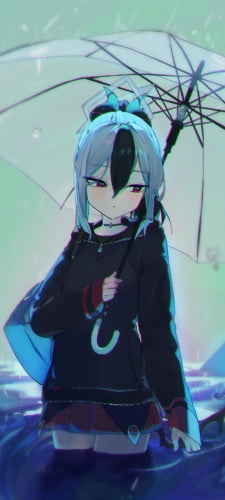 ビニール傘をさす鬼方カヨコ (おにかたかよこ) / 雨の日 / ブルアカ / ブルーアーカイブ / ファンアート / イラストのAndroid用のスマホ壁紙