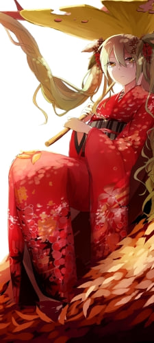 大きな葉っぱを傘にする赤い着物を着た綺麗な初音ミク / ボカロのAndroid用のスマホ壁紙