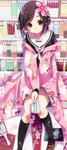 本棚の前に座る梅の花柄模様の着物を着た可愛い関谷なる / ハナヤマタのAndroid用のスマホ壁紙