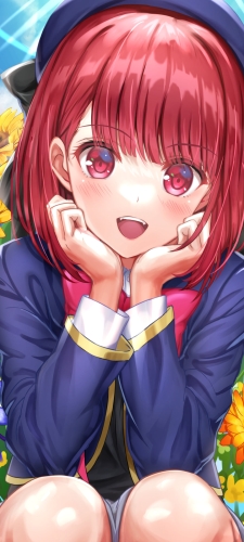 カラフルな花の前にしゃがむ有馬かな / 推しの子のAndroid用のスマホ壁紙