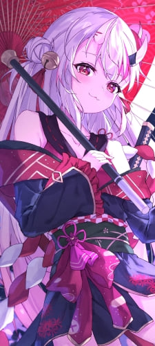 かわいい百鬼あやめ / 桜 / 赤い和傘 / 赤い刀 / バーチャルYouTuber / ファンアート / イラストのAndroid用のスマホ壁紙