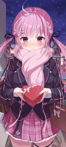 ハートのチョコを差し出す湊あくあ / バレンタインデー / かわいい / ホロライブ / バーチャルYouTuber / ファンアート / イラストのAndroid用のスマホ壁紙