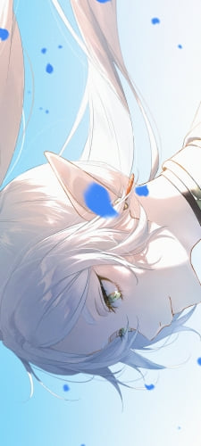 蒼月草の青い花びらと凛々しい表情のフリーレン / 葬送のフリーレンのAndroid用のスマホ壁紙