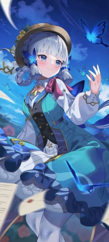 青い蝶と神里綾華 / 花時に訪れた手紙 / 原神 / ファンアート / イラストのAndroid用のスマホ壁紙