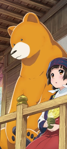 並んでお茶を飲む雨宿まちとクマ井ナツ / くまみこのAndroid用のスマホ壁紙
