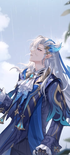 振ってきた雨に手をかざすヌヴィレット / 原神のAndroid用のスマホ壁紙