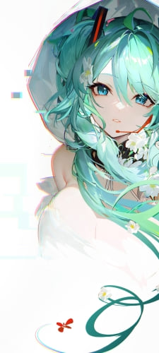 白い花の髪飾りとフードを被った綺麗な初音ミク / ボカロ / ボーカロイドのAndroid用のスマホ壁紙