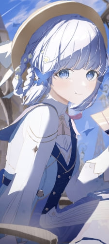 椅子に座って青い扇子を持つ可愛い神里綾華 / 花時に訪れた手紙 / 原神のAndroid用のスマホ壁紙