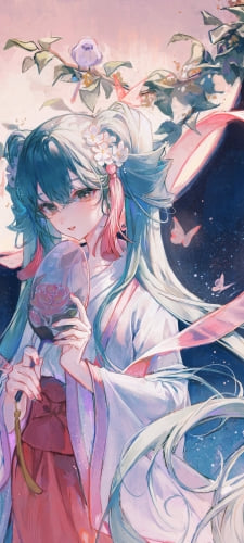 団扇を持つ天女姿の初音ミク / 月 / ボカロ / ボーカロイドのAndroid用のスマホ壁紙