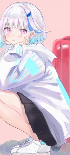 赤いスーツケースとしゃがんでいるリゼ・ヘルエスタ / にじさんじ / バーチャルYouTuber / VtuberのAndroid用のスマホ壁紙
