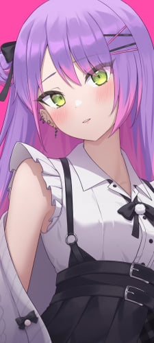 こちらを見つめる常闇トワ / 緑の瞳 / ピンクの背景 / ホロライブ / バーチャルYouTuber / VtuberのAndroid用のスマホ壁紙