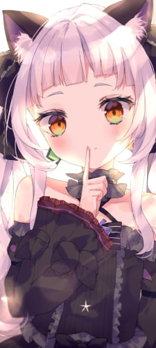 「静かに」というポーズをする黒いドレスを着た可愛い紫咲シオン / ホロライブ / バーチャルYouTuber / VtuberのAndroid用のスマホ壁紙