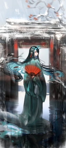 水彩で描いたような赤い扇を持ち振り向くシー / アークナイツのAndroid用のスマホ壁紙