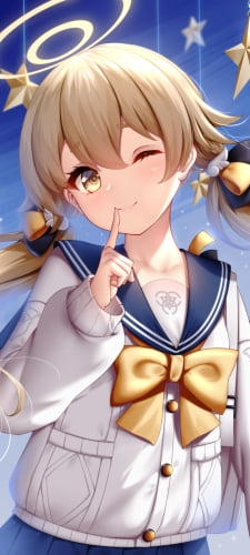 右手の人差し指を立てて微笑む可愛い阿慈谷ヒフミ（あじたに ひふみ）/ ブルアカ / ブルーアーカイブのAndroid用のスマホ壁紙