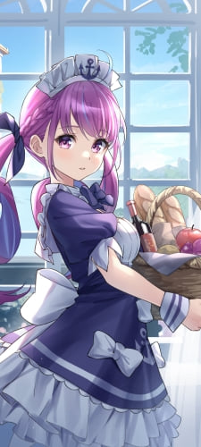 フルーツ・フランスパン・ワインが入ったバスケットを持つ可愛い湊あくあ / ホロライブ / バーチャルYouTuber / VtuberのAndroid用のスマホ壁紙