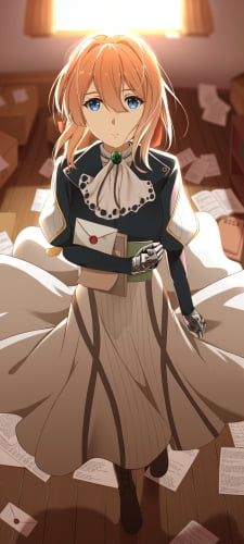 段ボールが沢山ある部屋に佇むヴァイオレット・エヴァーガーデンのAndroid用のスマホ壁紙