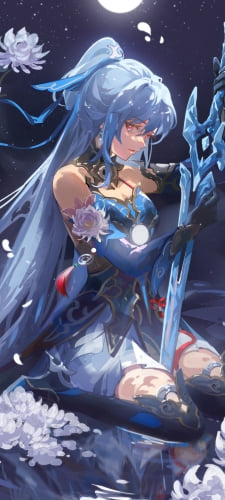 青い剣を持ち座る鏡流 / 満月 / 崩壊:スターレイルのAndroid用のスマホ壁紙