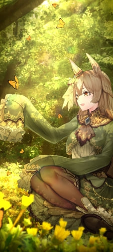森に座りオレンジの蝶と戯れるサトノダイヤモンド / ウマ娘プリティーダービーのAndroid用のスマホ壁紙