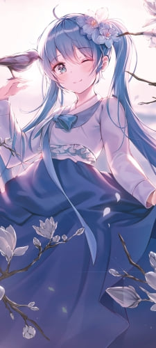 白い花と右手に鳥を乗せてウィンクする可愛い初音ミク / ボカロ / ボーカロイドのAndroid用のスマホ壁紙