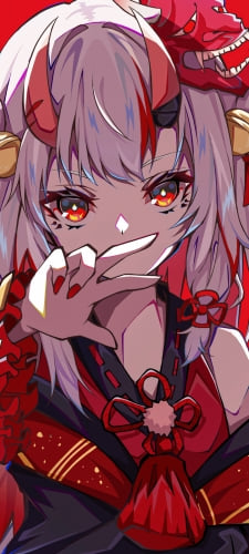 手を広げて口元を隠すかっこいい百鬼あやめ / ホロライブ / バーチャルYouTuber / VtuberのAndroid用のスマホ壁紙