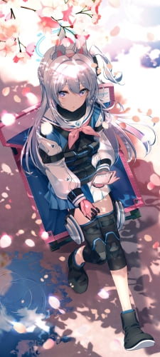 青とピンクの椅子に座り桜を見上げる月雪ミヤコ / ブルアカ / ブルーアーカイブのAndroid用のスマホ壁紙