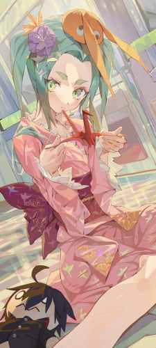 赤い折り紙の鶴のを持つ斧乃木余接(おののきよつぎ)と阿良々木暦(あららぎ こよみ)の人形 / 化物語のAndroid用のスマホ壁紙