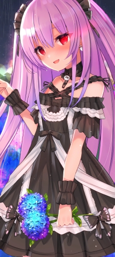 雨の中、紫の花を摘む潤羽るしあ / ホロライブ / バーチャルYouTuberのAndroid用のスマホ壁紙