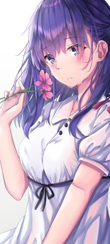 ピンクの花を持って泣いている間桐桜(まとう さくら) / フェイト/ステイナイトのAndroid用のスマホ壁紙