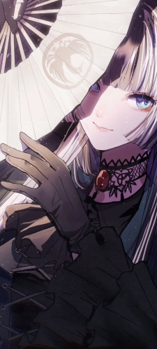 白い扇を持つ儒烏風亭らでん / ホロライブ / バーチャルYouTuber / VtuberのAndroid用のスマホ壁紙