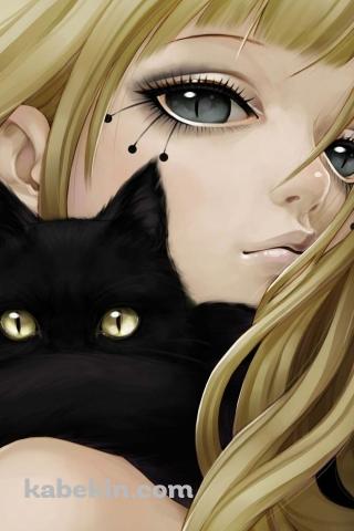 黒猫とブロンドの少女のAndroidの壁紙(320px x 480px) スマホ用