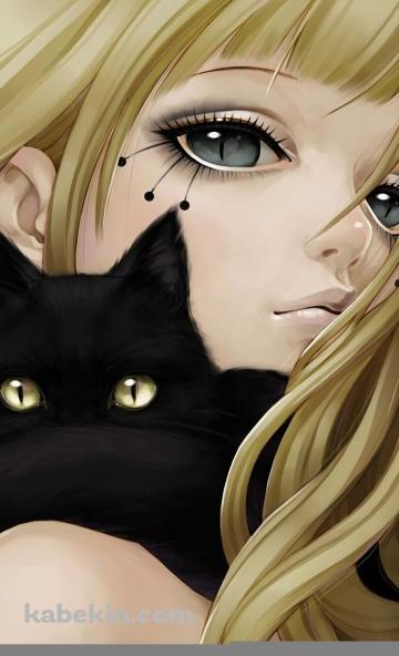 黒猫とブロンドの少女のAndroidの壁紙(360px x 592px) スマホ用